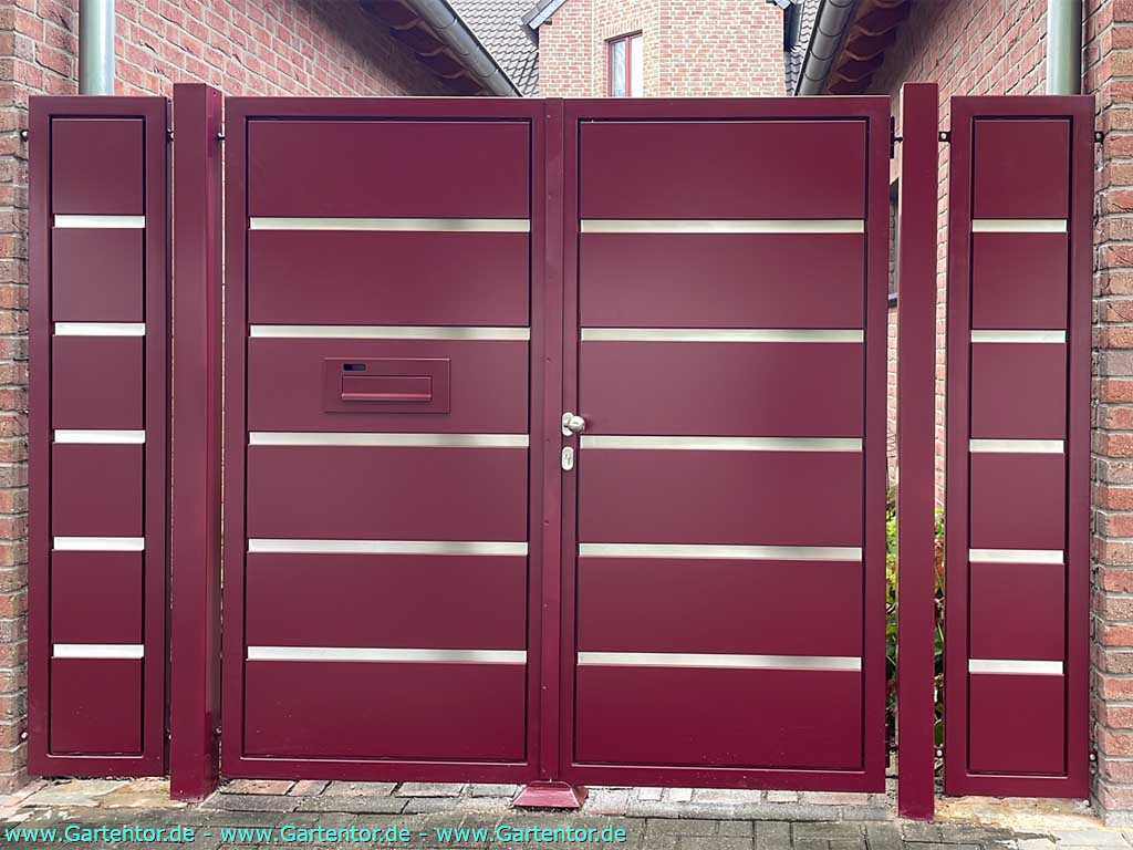 Hoftor 2.flg Mod N&uuml;rnberg rot mit Edelstahlpfosten ansicht au&szlig;en