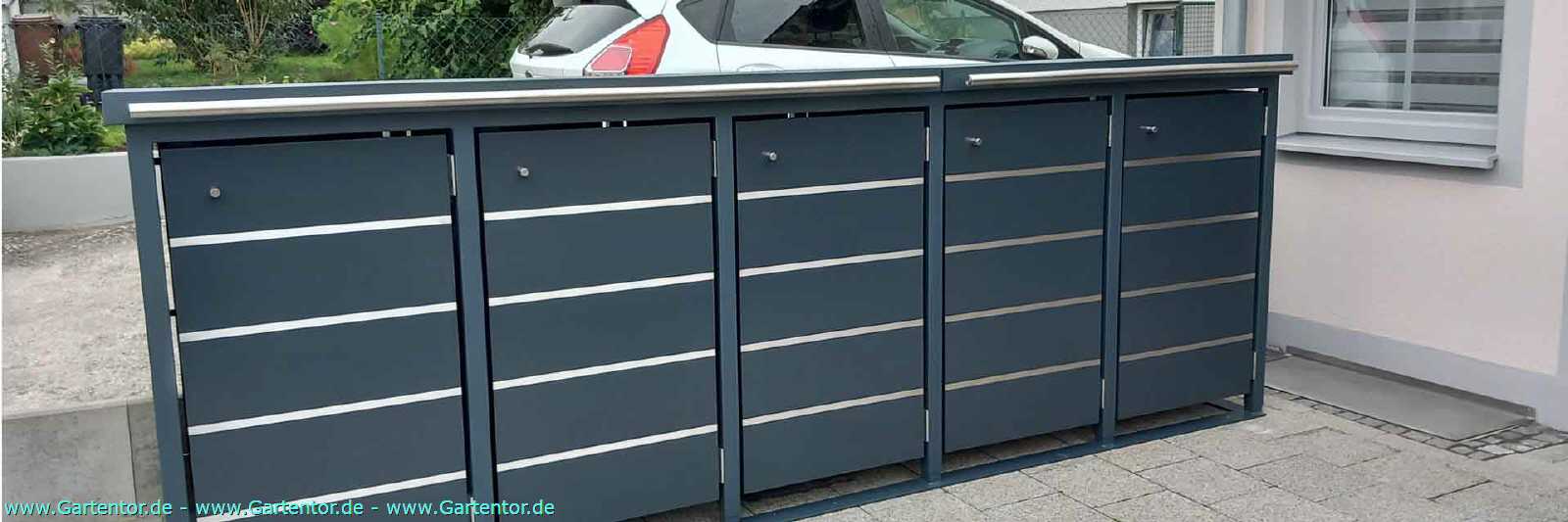 M&uuml;lltonnenbox aus Stahl oder Aluminium mit bel&uuml;fteten T&uuml;ren und langlebiger Pulverbeschichtung.